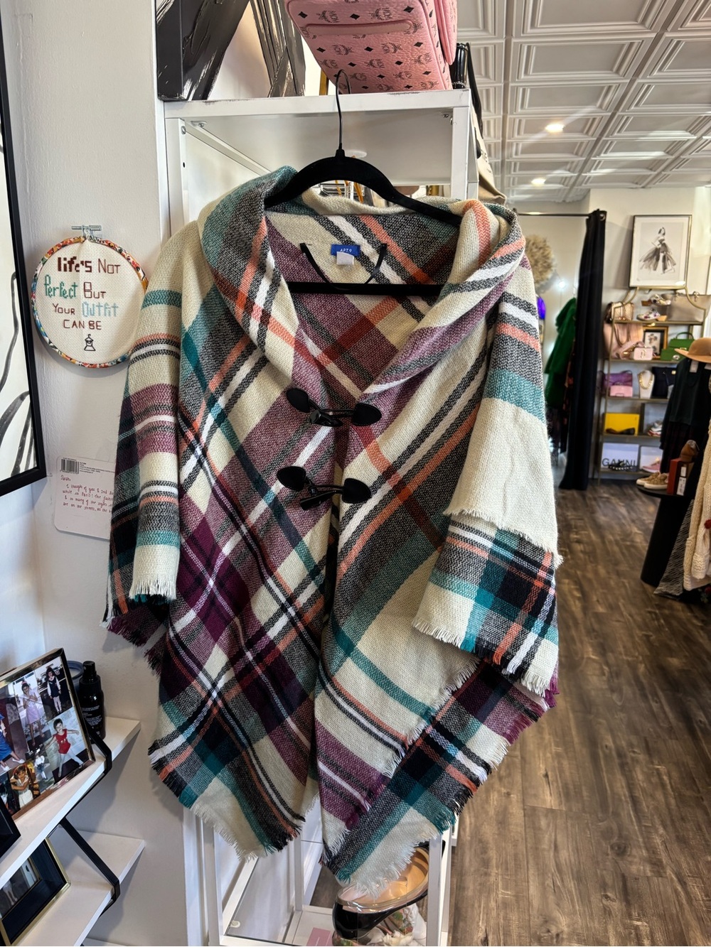 Apt. 9 Plaid Poncho in Cream, Teal & Burgundy